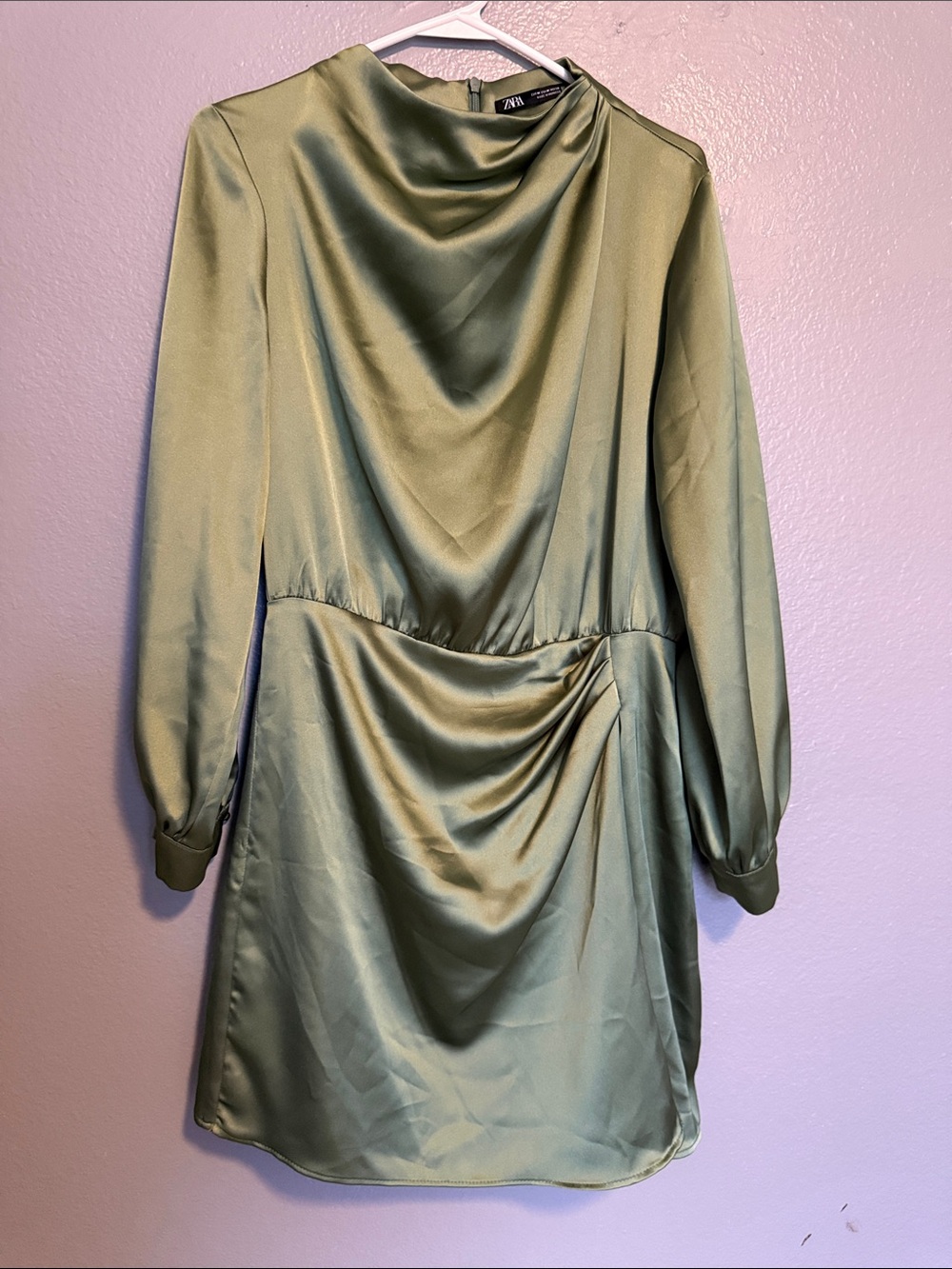 Zara Olive Green Satin Draped Long Sleeve Mini Dress